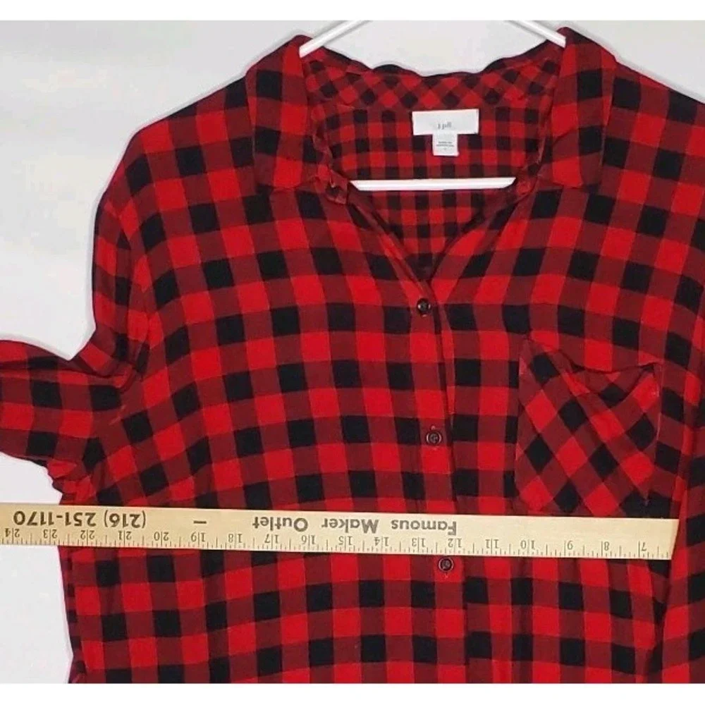J Jill Gingham Plaid Button Collar Shirt Women Red Black Country Cowgirl Fall